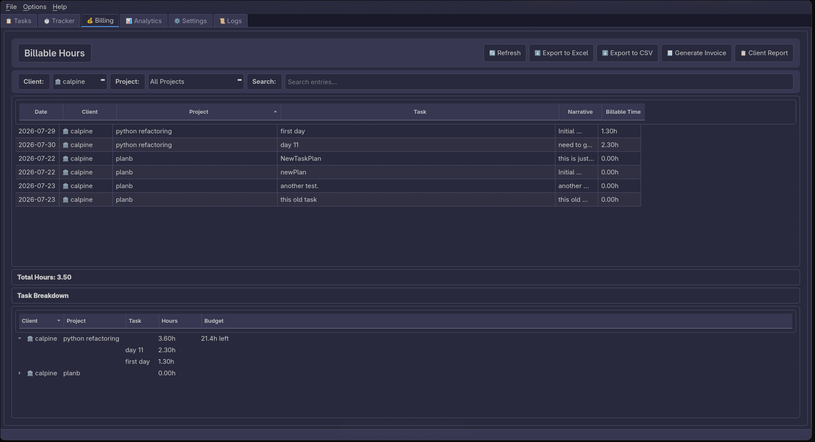 Billing tab with invoice-ready time entries