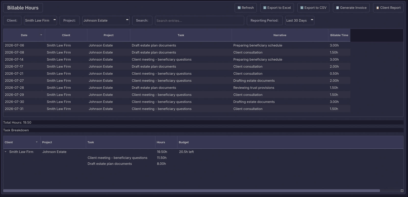 Billing tab with invoice-ready time entries
