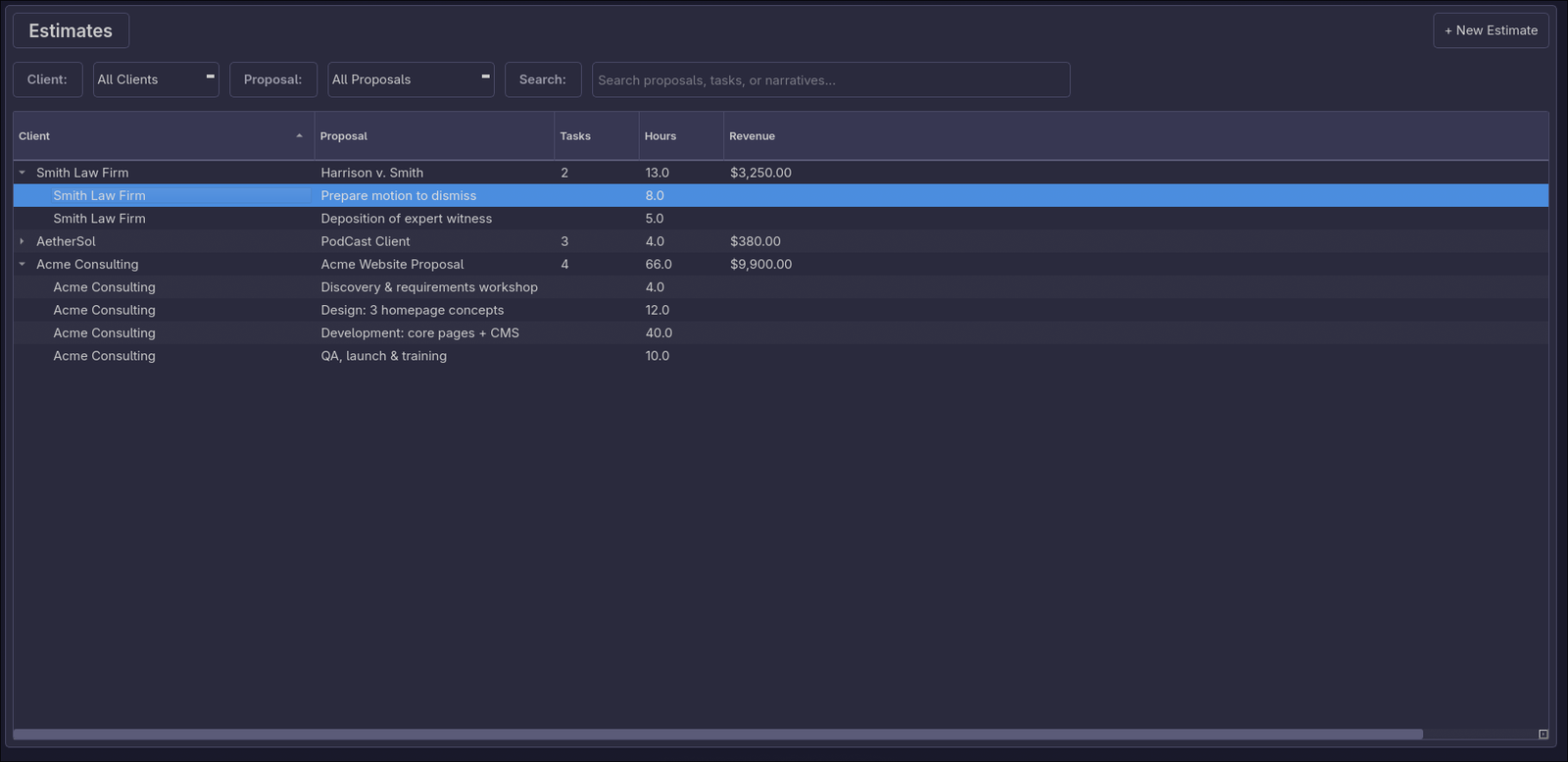 Estimates tab with project estimates and proposal preview