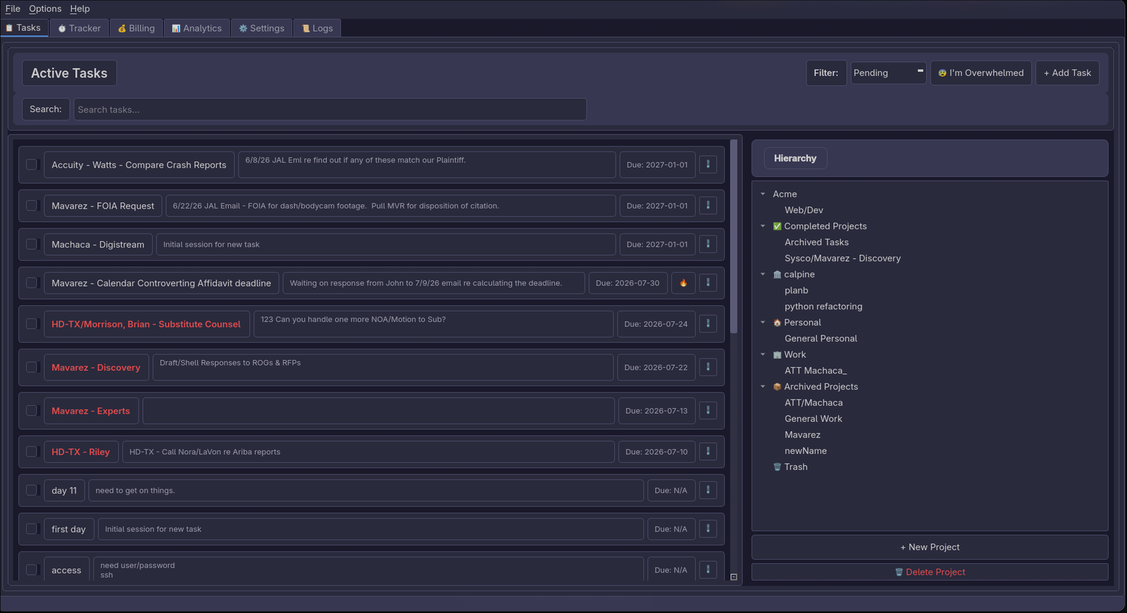 Tasks tab showing project hierarchy and task list