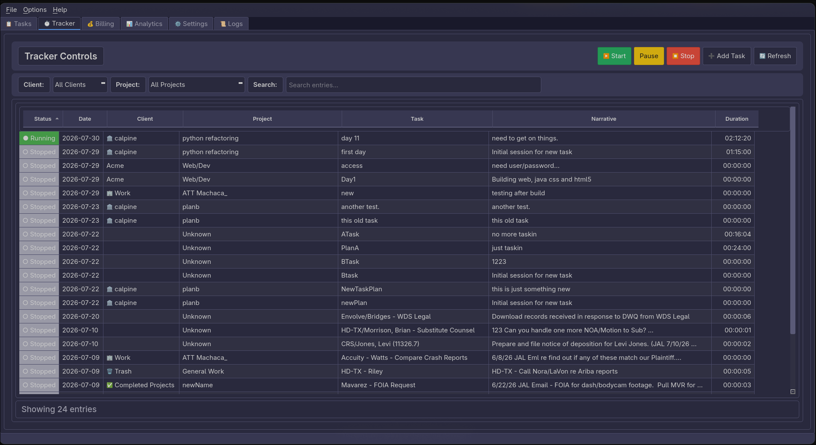 Tracker tab with running timer and time entries